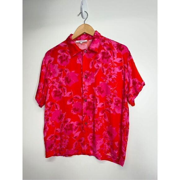 Olivaceous Shirt Womens Small Button Front Floral Red/Pink Short Sleeve - Picture 3 of 9